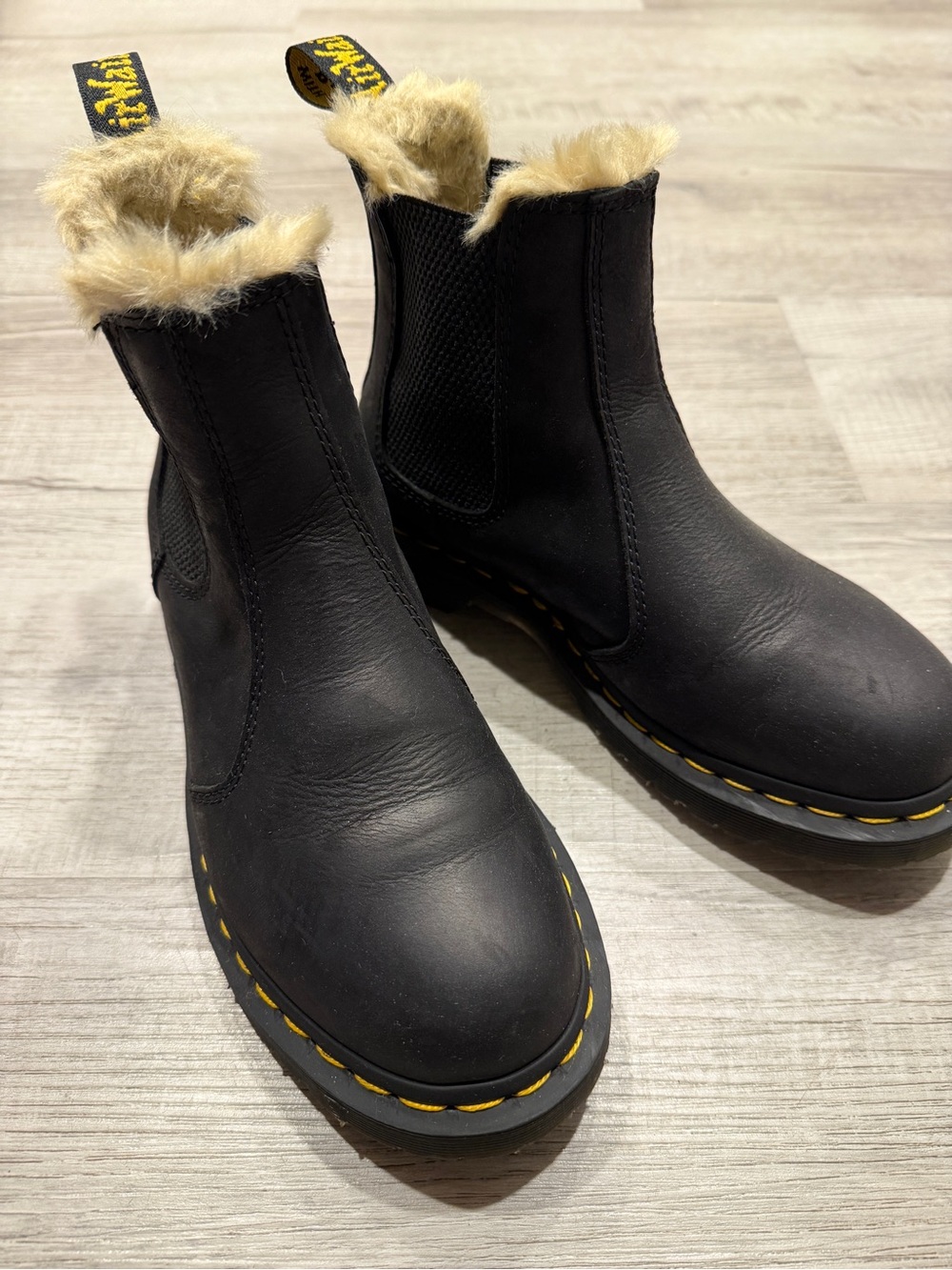 Dr. Martens Black Leather Chelsea Boots with Tan Faux-Fur Trim